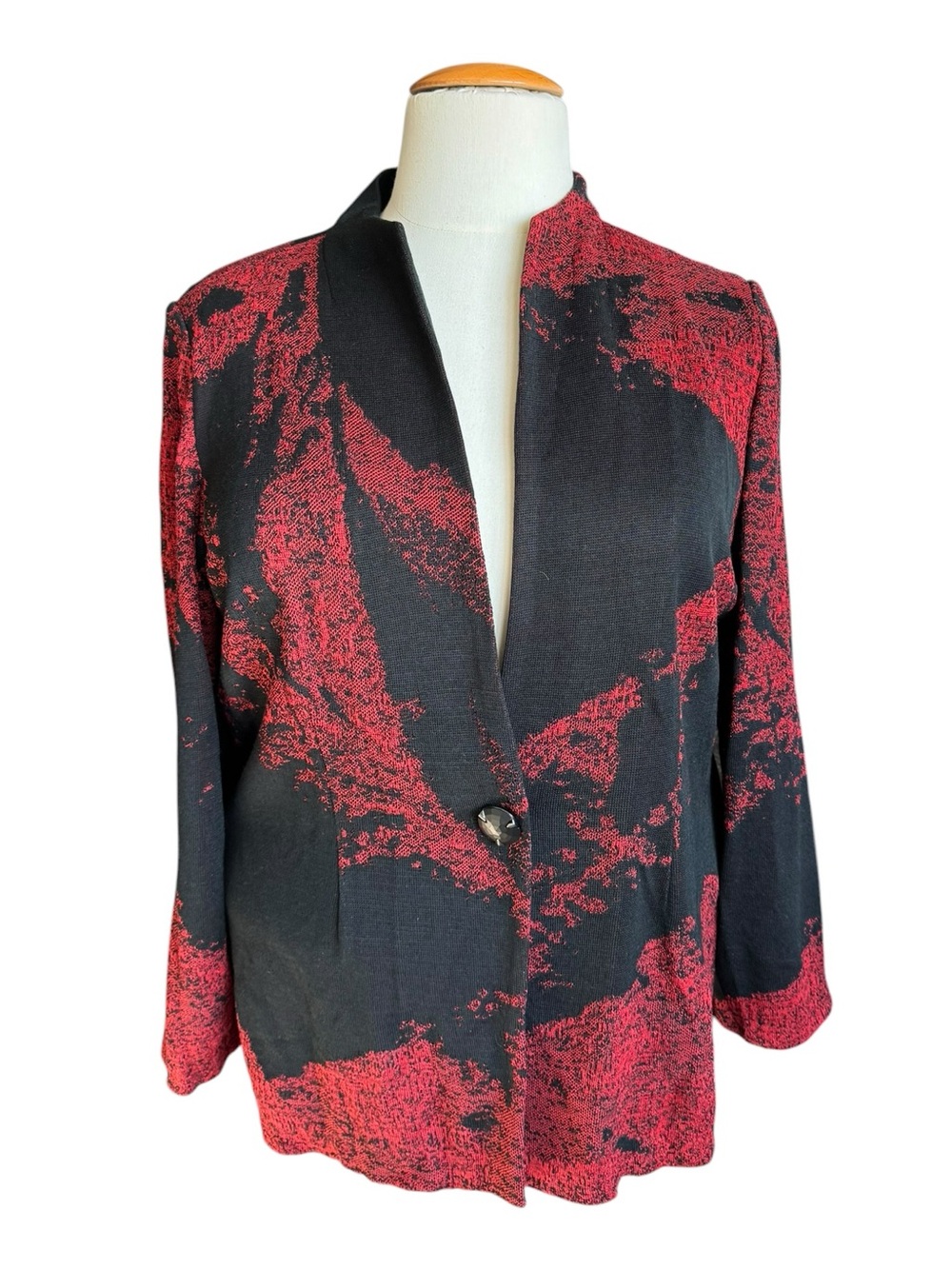 Ming Wang 1X Black Red Abstract Knit Blazer Jacket Career Office Chic